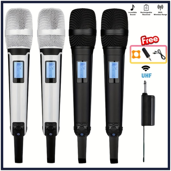 Professionell trådlös mikrofon Dubbelkanals bärbar mikrofon UHF trådlös mottagare Universal matt metall Lämplig för KTV Home Karaoke Scen White One Drag Two