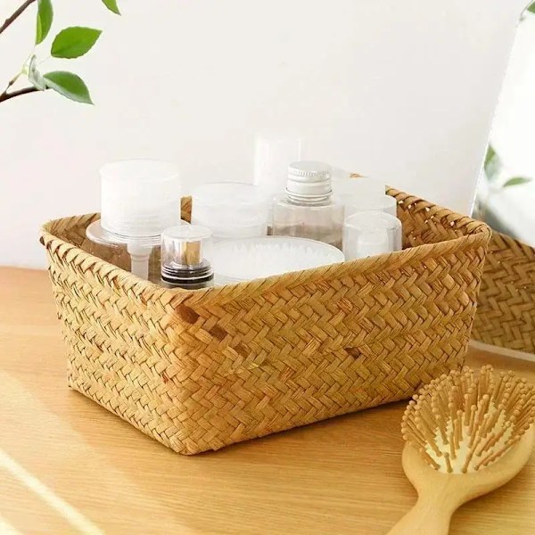 Håndlavede vævede arrangører Søgræs opbevaringskurv Desktop Straw Rattan Box Multipurpose Frugt Kosmetiske diverse opbevaringsbeholder Storage Basket I M