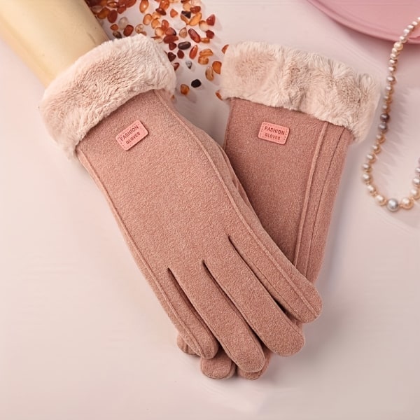 1 par/2 par varma plyschhandskar i mocka, vindtät pekskärm för damer för utomhusbruk Pink+Coffee Color