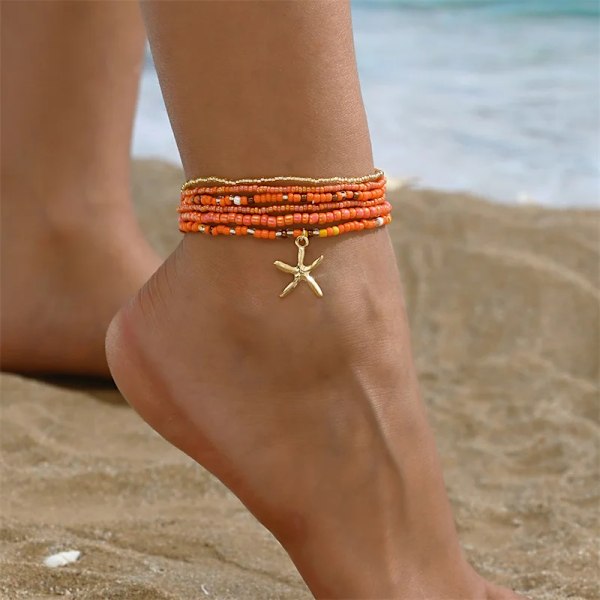 Färgglada Starfish Pendant Ris Pärlor Pärlad Anklet För Kvinnor Sommar Fashion Multi-Lager Armband Smycker AK21Y0028-1