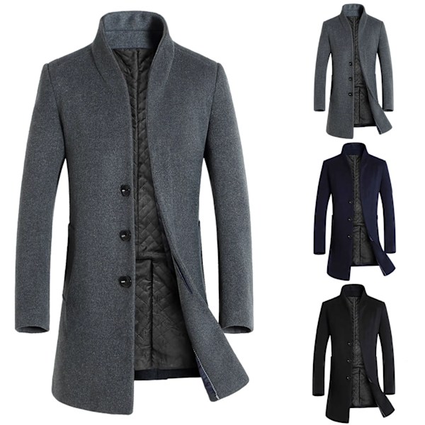 Män Windbreaker 2024 Vinter Mitt-Längd Trench Casual Solid Enkel Bröst Lång Ärm Lapel Collar Coat Man Slim Windbred Medarbetare Black L