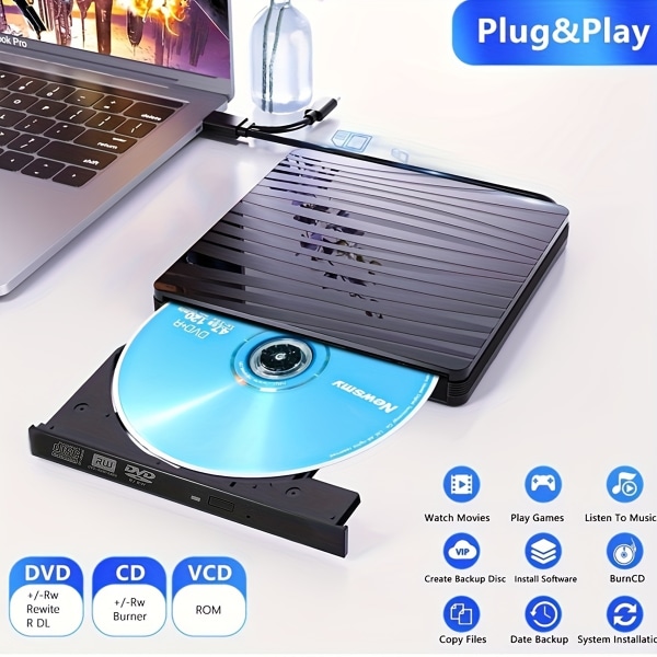 Extern CD DVD-enhet för bärbar dator, USB 3.0 & Type-C Bärbar CD DVD+/-RW-brännare Optical Drive Reader Writer DVD-spelare för bärbar dator, Imac, PC Black