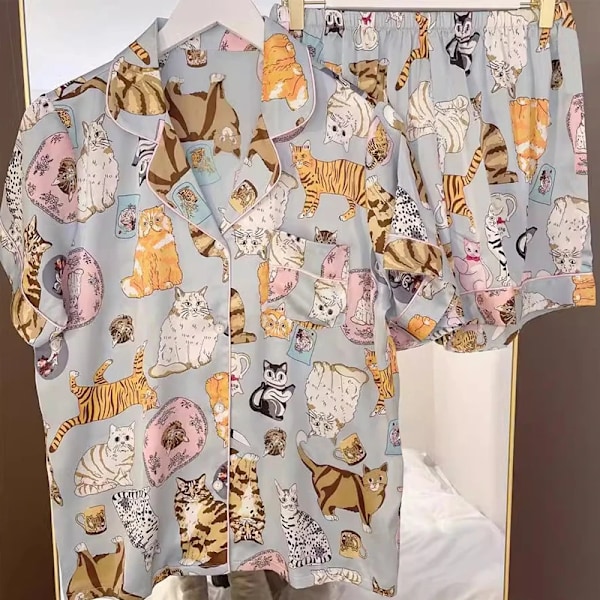 Cartoon Svart Katt Söt Kvinnor Två-Delade Pyjamas Simulerad Silk Sommar Cool Korta Dam Sleepwear 2024 Nya Klassiska Kvinna Huskläder WHITE XL