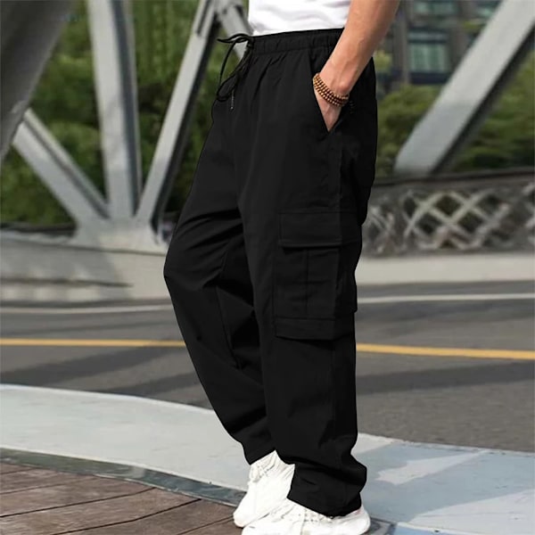 Casual Streetwear Bukser Ensfarvet Cargo Bukser Snørebånd Design Multi Lomme Løs Baggy Bukser Til Mænd Workwear Bukser S black XL