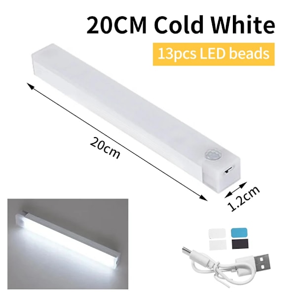 Led Bar Lights Usb Uppladdningsbara Rörelsensor Nattljus Bärbar Induktionsskåp Ljus För Garderob Hallway Trappan 20CM Cold White