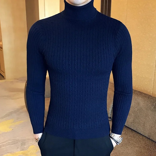 2023 Koreanska Slim Solid Färg Turtleneck Tröja Män Vinter Lång Ärm Varm Sticka Classic Solid Casual Bottomie Skjorta Black Asian Size XXL