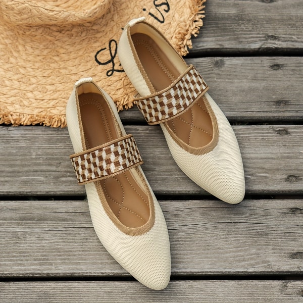 Kvinnors spetsiga tå, ventilerande mjuk sula stickade slip-on skor, Casual Balett Flats Beige White CN36(EU35.5)