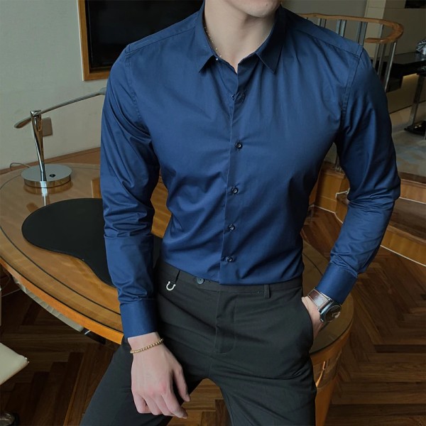 7 färger Herraffärsmode Enfärgad långärmad skjorta Klassisk stil Bomull Casual Vit Slim Fit-skjorta Kontorskläder black L (53-58kg)