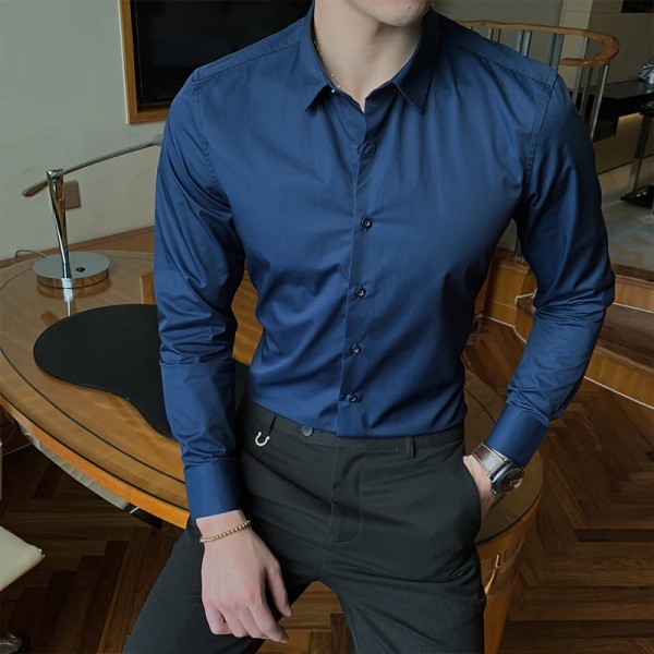 7 färger Herraffärsmode Enfärgad långärmad skjorta Klassisk stil Bomull Casual Vit Slim Fit-skjorta Kontorskläder Dark Blue L (53-58kg)