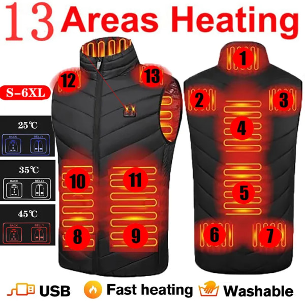 Elvärmeväst Uppvärmd dunjacka Man Uppvärmd väst Män Kvinnor USB Uppvärmd Jacka Män Uppvärmd Kroppsvärmare Kläder Veste 9 Areas Heat Black Asian Size 3XL