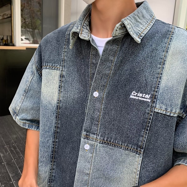 Sommarsytching Tvättade Denim Kortärmade Skjorta Pojkar Amerikanska Modemärke Vintage Loose All-Mattande Lapel Rocka Blue XL