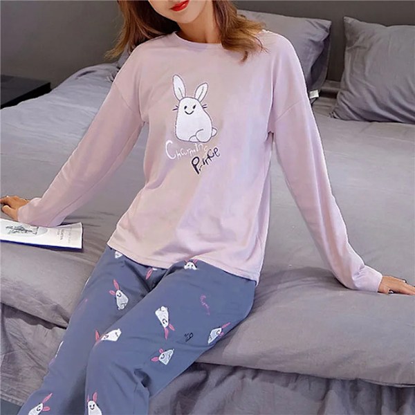 Naisten puuvillapyjama, suuri koko, yöasukokonaisuus, naiset, 2 kpl pyjamaa, kevät, syksy, naisten parit, parn vaatteet, vaatteet, kotiasu Purple rabbit L