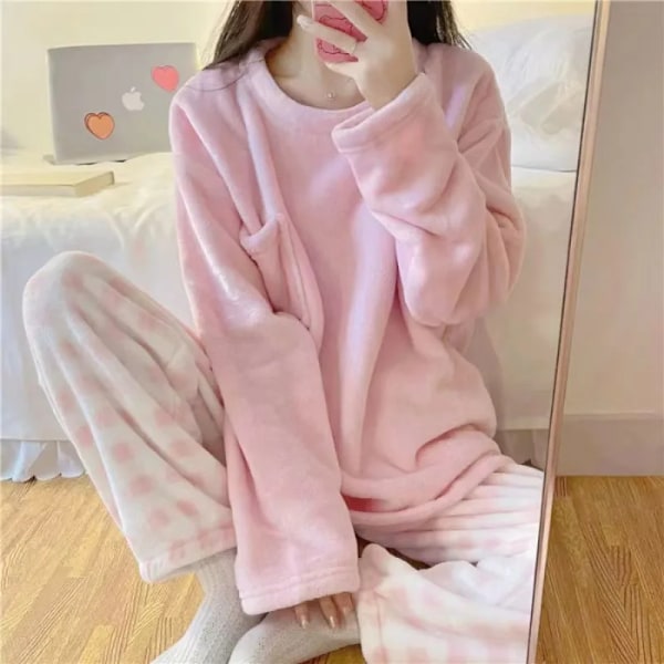 Hösten Ny Varm Rund Halslång Ärm 2 Bit Outfit Set Kvinnor Plush Hem Kläder För Kvinnor Söta Tryckning Pyjamas För Flicka Flicka S Pink XXL