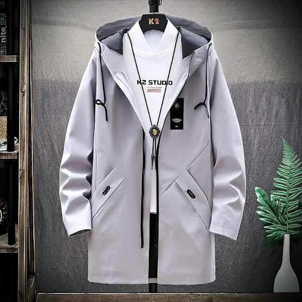 Höst Och Vinter Koreanska Style Män Cardigan Mid-Längd Trench Coat Mäns Huvade Solid Jacket Casual Windbreaker Man 8929 White XL