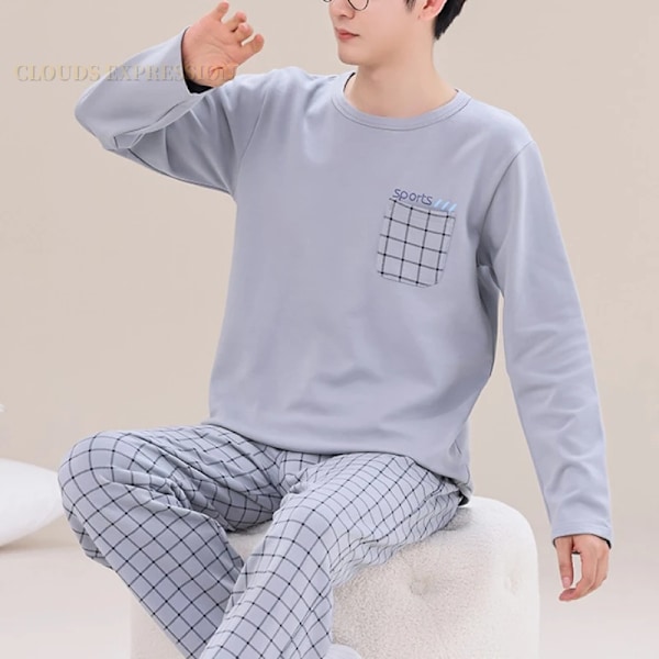 Vår Höst Plus 5Xl Stickade Mäns Sovkläder Brev Lattice Pyjamas Plaid Pyjamas Sets Casual Sets Loungewear Pyjamas Natt Mode M23 4XL ASIAN(95-105Kg)