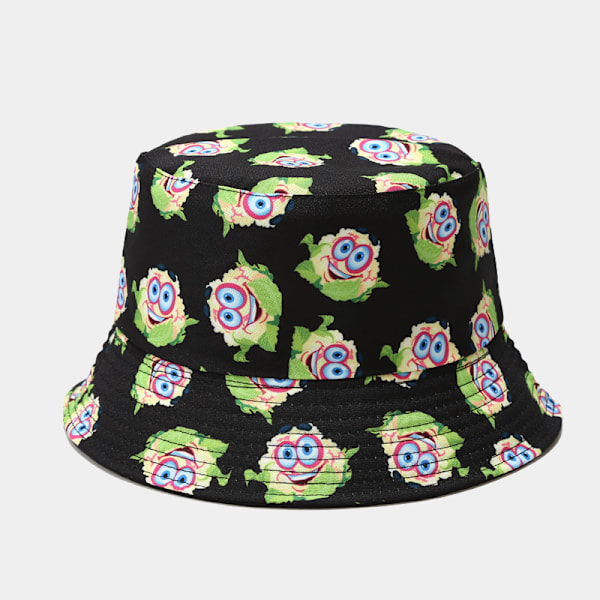 2024 Ny Kreativ Tryk Grøntsagsmønster Spand Hat Kvindernes Sommer Udendørs Casual Sol-Proof Hat All-Matching Pool Hat Tomato Pattern Black M（56-58cm）
