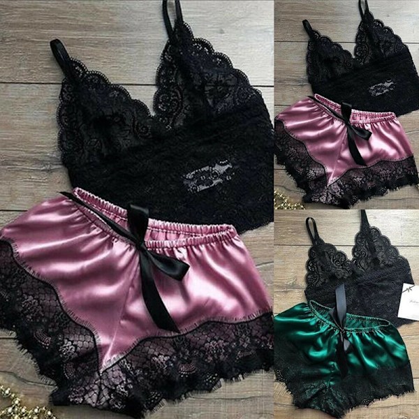 Kvinnor Sexiga Spets Sömnkläder Spets Nachtkleding Underkläder Ärmlösa V-Hals Babydoll Pijamas Set Underkläderi Toppar Shorts Inställd Nattkläde Red S