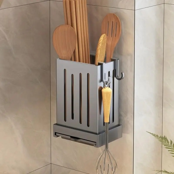 1-delad köksredskapsställ - multifunktionell tömningspinnehållare, väggmonterad eller fristående förvaringslåda för bestick, plast Elegant Grey
