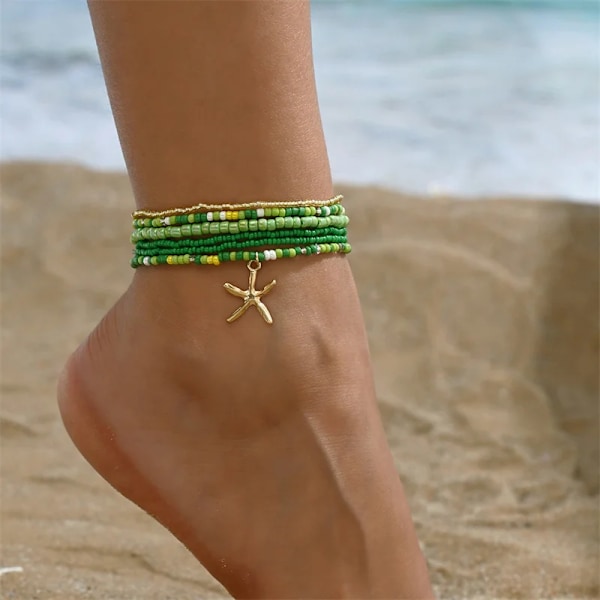 Färgglada Starfish Pendant Ris Pärlor Pärlad Anklet För Kvinnor Sommar Fashion Multi-Lager Armband Smycker 2