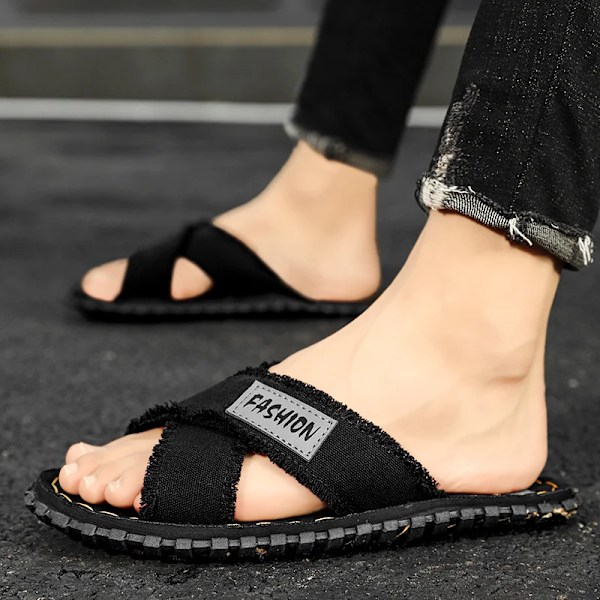 Män Sommaren Canvas Tofflor Mode Tyg Hem Mäns Tofflor Utomhus Gummi Platt Män Sandaler Casual Slides House Floor Toffpare Khaki 42