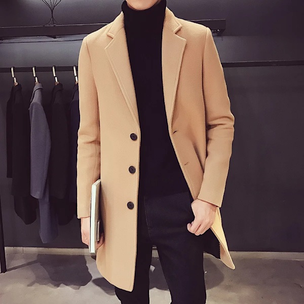 Efterår og vinter Slim Fit Lang Uld Frakke til mænd Enkelt Brystlag, Street Mode Business Trench Frakke til mænd Tøj Tøj Khaki Asia 2XL is US EUR M