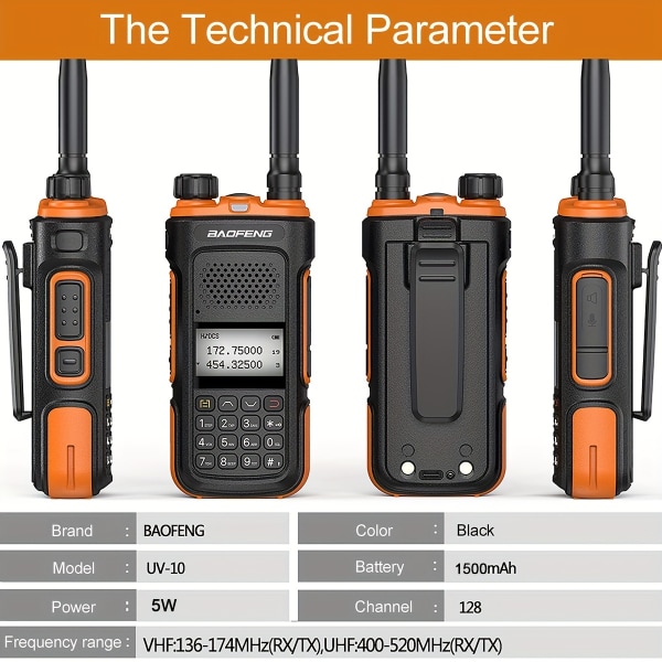 Bao Feng UV-10 5W Walkie Talkie, Bärbar Kraftfull Trådlös Tvåvägsradio med lång räckvidd för utomhuscamping