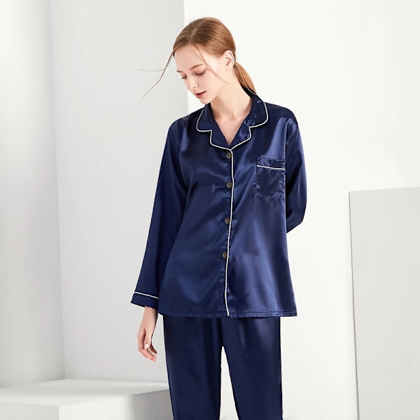 Naisten satiinipyjama Mukava loungewear-setti Syksy Pitkähihainen Napit Kaulus Toppi & Housut Loungewear 2-osainen Yöpuku Napit Alas Blue Gray 4XL