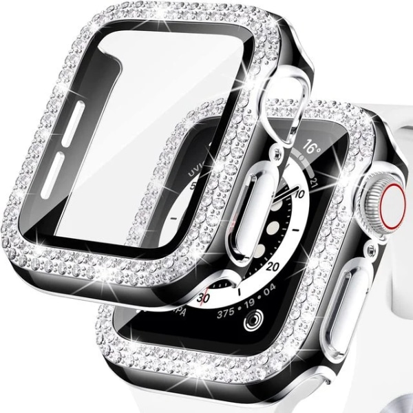 Bling Glass+ cover för Apple Watch Case 45mm 41mm 40mm 44mm 42mm 38mm Diamant stötfångare+skärmskydd iwatch series 7 9 8 5 6 SE B black silver 38mm Series 321