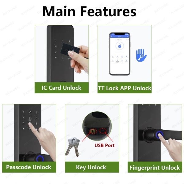 F7 TT-lås Smart fingeravtryckslås Elektriskt dörrlås med längre Större handtagspaneler Spegeldesign APP Fjärrkontroll 22x147
