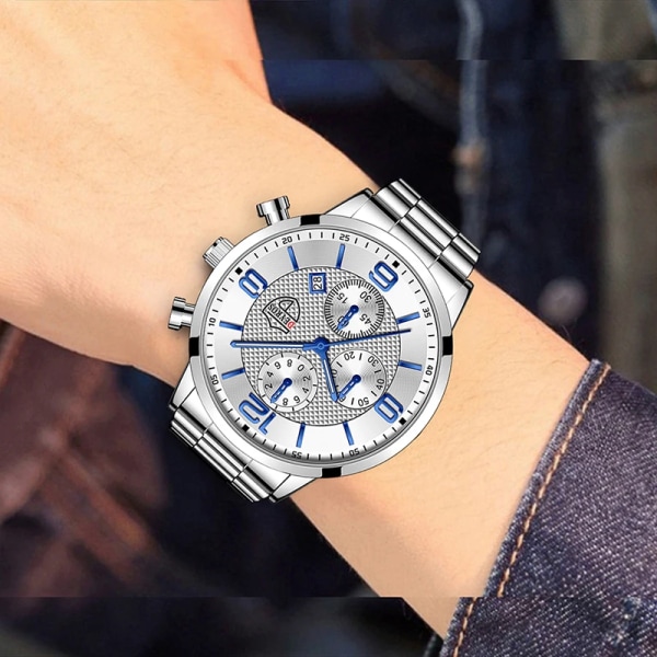 reloj hombre Luxury Business Herrklockor Rostfritt stål Quartz Armbandsur Herr Läderkalender Lysande klocka relogio masculino Silver White