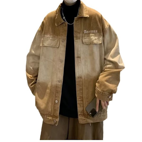 American Retro Gradient Denim Jakke Mænd Forår Og Efterår Mode Mærke High Street Pu Shuai Løs Fritid Arbejdstøj Rock Efterår Og Vinter Brown XL