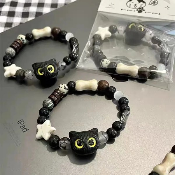 Minimalistiskt svart kattarmband Kvinnor Söt Cool Tecknad Big Eye Djurhänge Charm Rem Rep Armband Smycken Vänskapspresent BR23Y0867-1