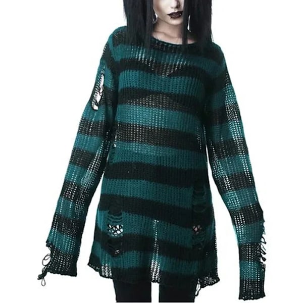 Goth Punk Goottilainen Pusero Ylisuuret Puloverit Naiset Raidallinen Kylmä Reikä Ulos Reikä Rikki Hypyt Harajuku Estetiikka Puserot denimblue One Size