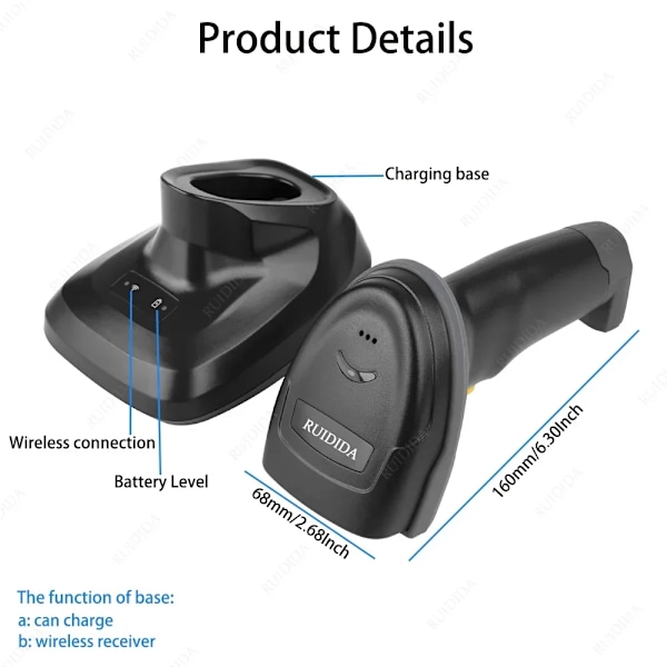 Scanner 2d trådløs med opladningsbase qr Scanner Bluetooth stregkodescanner stregkodescanner håndholdt trådløs stregkode PDF DM kode Bluetooth