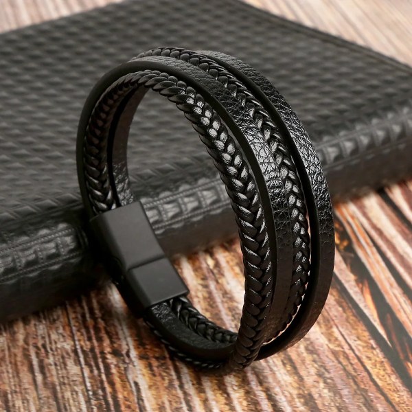 Ny design Flerlagers handvävda armband och armband i äkta läder Herrlegering Mode Armband Presenter C-matte black 23cm long