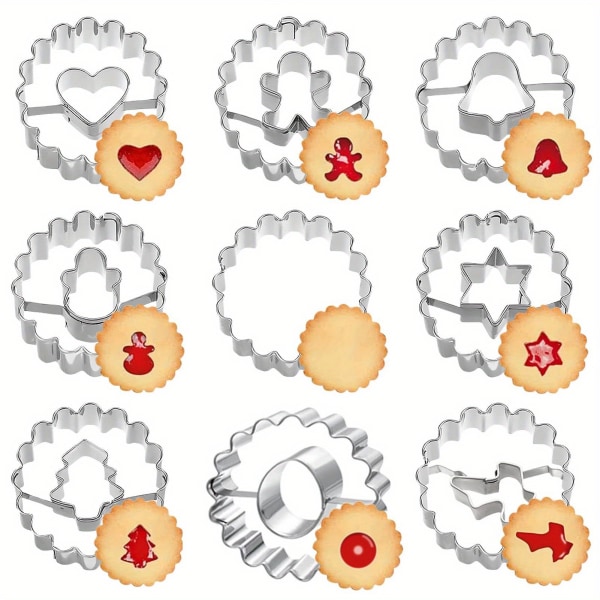 9st, Mini Linzer Cookie Cutter Set, Christmas Holiday Metal Cookie Cutters, Pepparkakor, Julgran, Bell, Hjärtform för att baka smörgås 9pcs