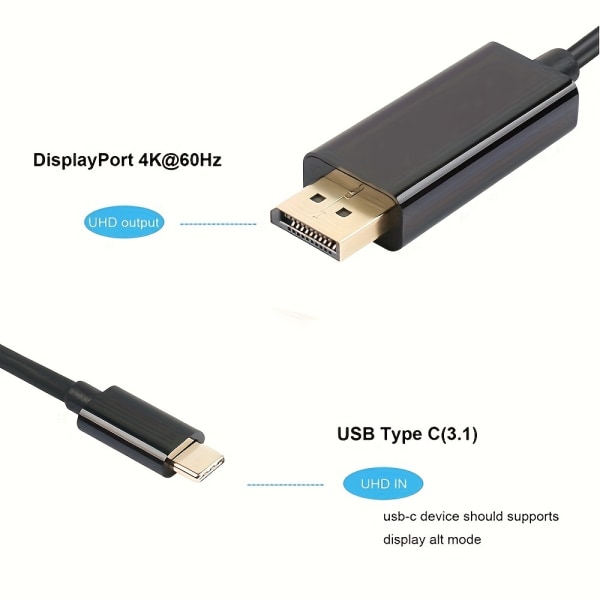 USB C till DisplayPort-kabel 1,8M (4K@60Hz) USB 3.1 Typ C till DP-skärmport kompatibel för Thunderbolt 3 MacBook Pro/Air/iPad Air 4 Pro Black 1.8m