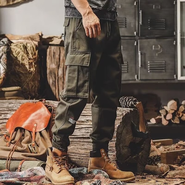 Retro Overalls Mænds Efterår Og Vinter Tyk Løs Ankel Bånd Bukser Multi-Pocket Slid-Resistente Arbejde Casual Bukser Forår Og Efterår. Khaki 4L