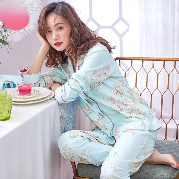 Mäns Kvinnors 100% Bomull Lång Ärm Pyjamas För Hösten Vintern Homewear Ytterkläder 843 Blue L