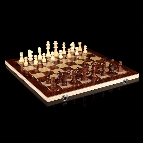 3-i-1 Schackbräde, Vikbart Trä Bärbart Schackspelbräde, Trä Schackbräde för Vuxna (Schack + Damspel och Backgammon) 34CM Chess Board