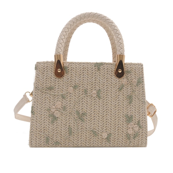 Halm Flettet Taske Dame Forår 2024 Ny Mode Casual Tote Taske Farve Kontrast Patchwork Stor Kapacitet Skuldertaske Khaki