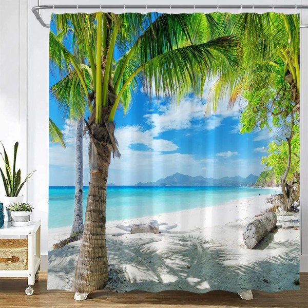 Skymning Solnedgång Strand Duschgardiner Tropiskt hav Palmträd Skog Vattenfall Naturlandskap Tyg Heminredning Set 2156C 240x180cm-94x70in