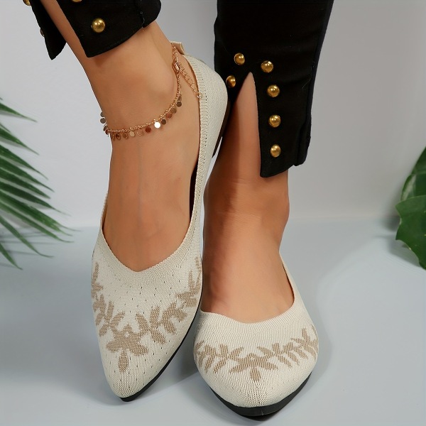 Platta skor med bladmönster för kvinnor, stickade slip-on-skor med spetsad tå, bekväma andningsbara balettskor Beige White CN245(EU38.5-39)