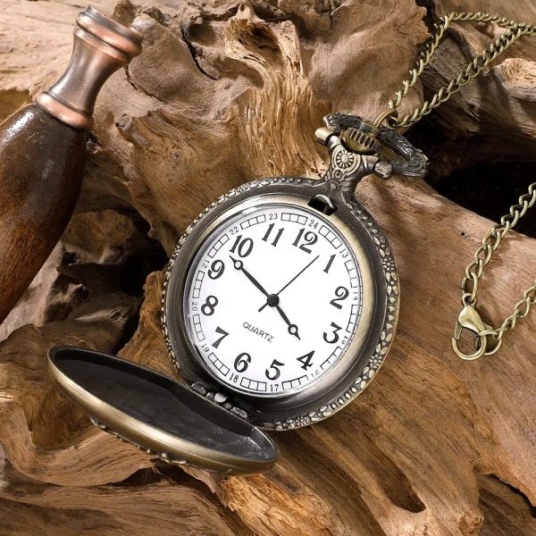 Klassisk vintage snidad watch med kedja Halsband Vintage Quartz Pendant klockor Klockkedja Herr Damer Bronze