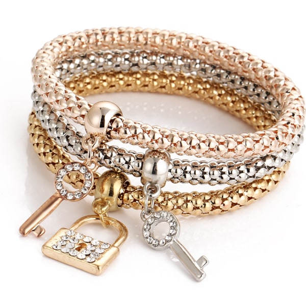 3 st stapelbara set med lås och nyckelform hängande stretcharmband för flickor smycken