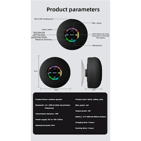 Kannettava vedenpitävä Bluetooth-suihkukaiutin imukupilla ja LED-valoilla 3D Surround Stereo Subwoofer Blue other