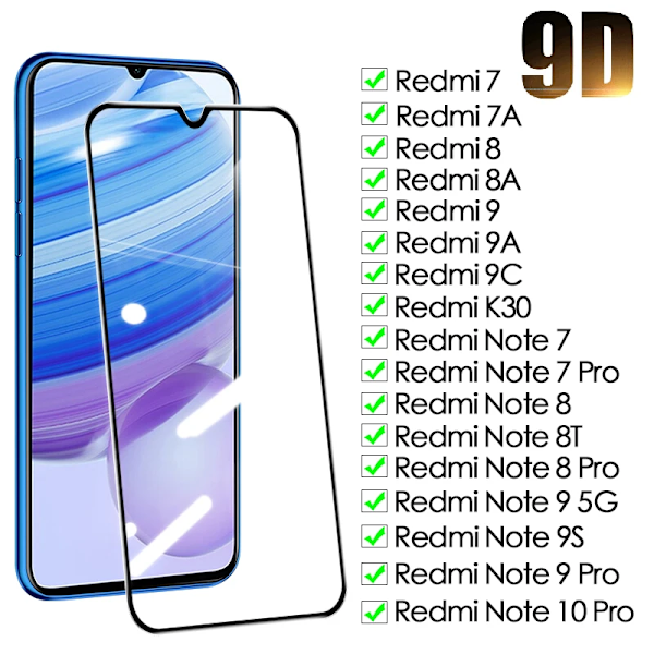 9D Hærdet glas til Xiaomi Redmi Note 7 8 8T 9 9S 10 Pro Hærdet skærmbeskytter Redmi 7 7A 8 8A 9A 9C Sikkerhedsglasfolie For Redmi 9C Black