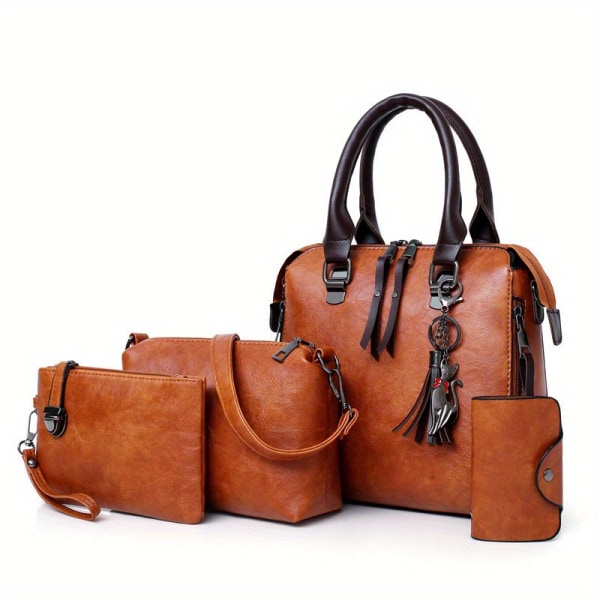 4st vintage handväskor set, tygväska för kvinnor med tofsdekor med crossbody-väska & clutchväska & korthållare Brown
