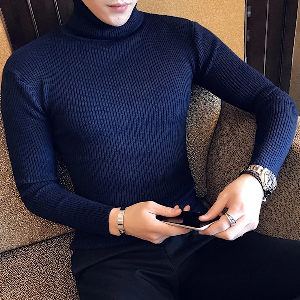 Mænd Turtleneck Trøjer Vinter Varm Strik Pullover Koreansk Bomuld Solid Farve Casual Slim Sweater Mænd Tøj Bot Bott Trøje G03 Navy Asian 3XL(70-95Kg)