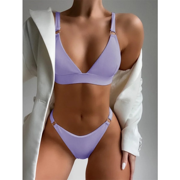 2024 ny sexig hög benskuren ribbad dam baddräkt Grimma brasiliansk bikini dam badkläder push up bikini set ring baddräkt Light Purple XL